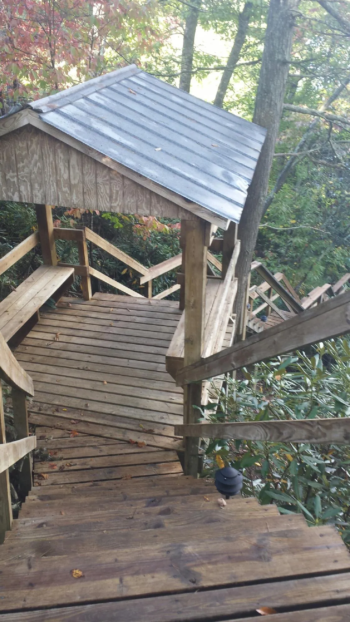 Metal roofed shelter over wooden steps on a wooded walkway — Skylight Repair & Installation work by our crew in Rutherford
